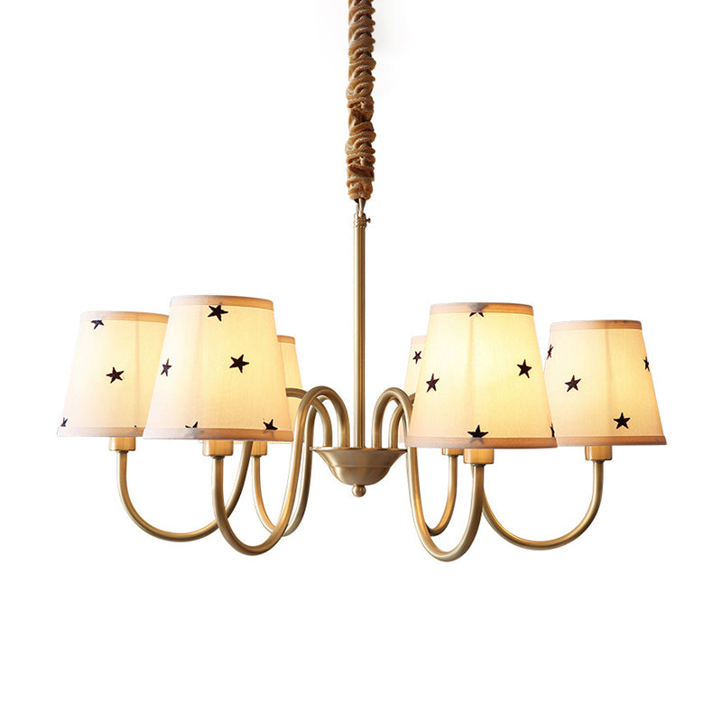 Star Patterned Fabric Conical Chandelier Rustic 3/5/6 Lights Bedroom Ceiling Hang Lamp in Gold Clearhalo 'Ceiling Lights' 'Chandeliers' Lighting' options 1983078