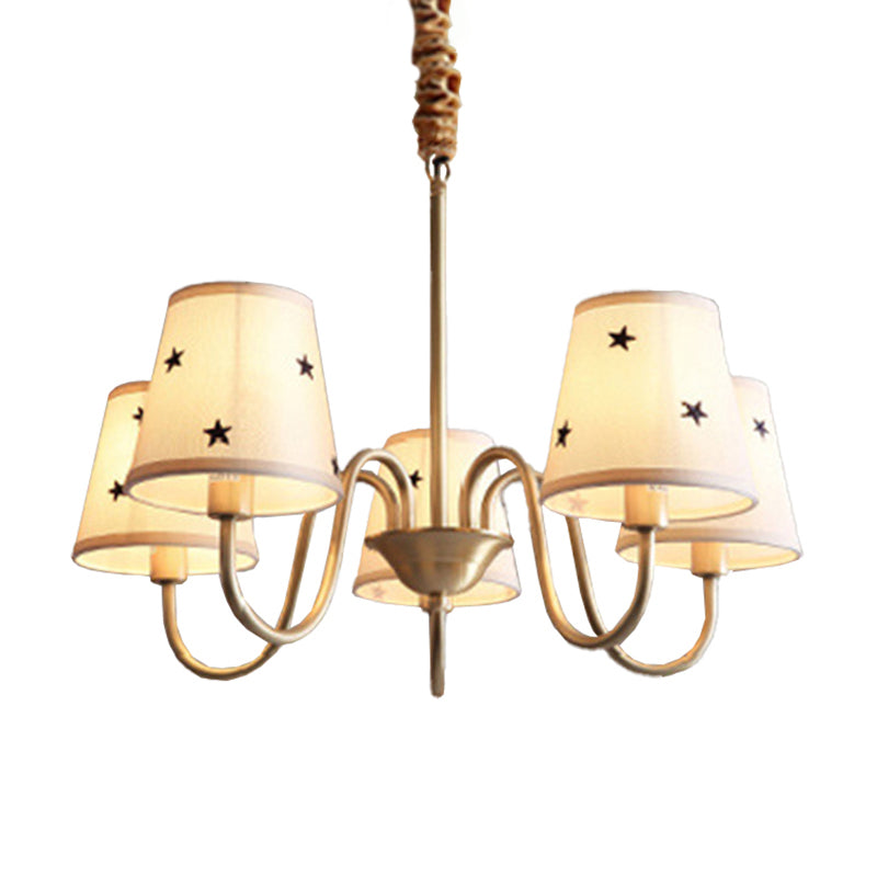 Star Patterned Fabric Conical Chandelier Rustic 3/5/6 Lights Bedroom Ceiling Hang Lamp in Gold Clearhalo 'Ceiling Lights' 'Chandeliers' Lighting' options 1983081
