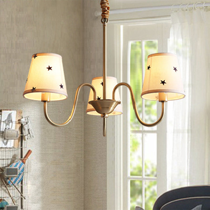 Star Patterned Fabric Conical Chandelier Rustic 3/5/6 Lights Bedroom Ceiling Hang Lamp in Gold 3 Gold Clearhalo 'Ceiling Lights' 'Chandeliers' Lighting' options 1983083_8896ec10-04fa-44b0-a8a5-d44163a2720d