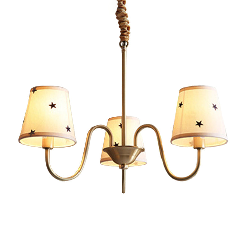 Star Patterned Fabric Conical Chandelier Rustic 3/5/6 Lights Bedroom Ceiling Hang Lamp in Gold Clearhalo 'Ceiling Lights' 'Chandeliers' Lighting' options 1983084