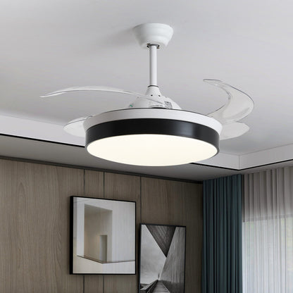 4-Blade Nordic Drum LED Semi Flush Ceiling Light Acrylic Living Room Hanging Fan Lamp, 20" Wide Black Clearhalo 'Ceiling Fans with Lights' 'Ceiling Fans' 'Modern Ceiling Fans' 'Modern' Lighting' 1983141
