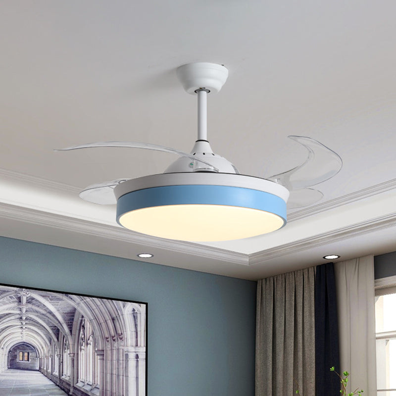 4-Blade Nordic Drum LED Semi Flush Ceiling Light Acrylic Living Room Hanging Fan Lamp, 20" Wide Blue Clearhalo 'Ceiling Fans with Lights' 'Ceiling Fans' 'Modern Ceiling Fans' 'Modern' Lighting' 1983147