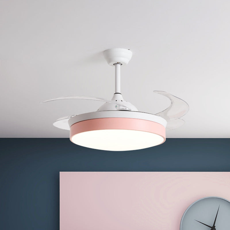 4-Blade Nordic Drum LED Semi Flush Ceiling Light Acrylic Living Room Hanging Fan Lamp, 20" Wide Pink Clearhalo 'Ceiling Fans with Lights' 'Ceiling Fans' 'Modern Ceiling Fans' 'Modern' Lighting' 1983153