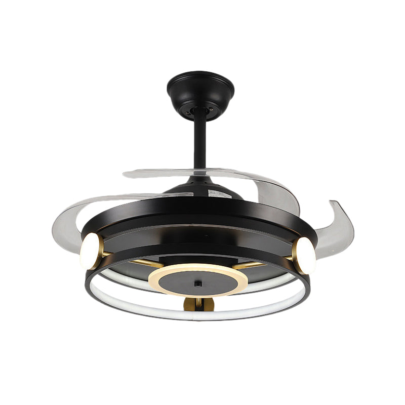 Macaron Circular 4 Blades Semi Flush Ceiling Light Acrylic Dining Room LED Hanging Fan Lamp, 20" Wide Black Clearhalo 'Ceiling Fans with Lights' 'Ceiling Fans' 'Modern Ceiling Fans' 'Modern' Lighting' 1983174