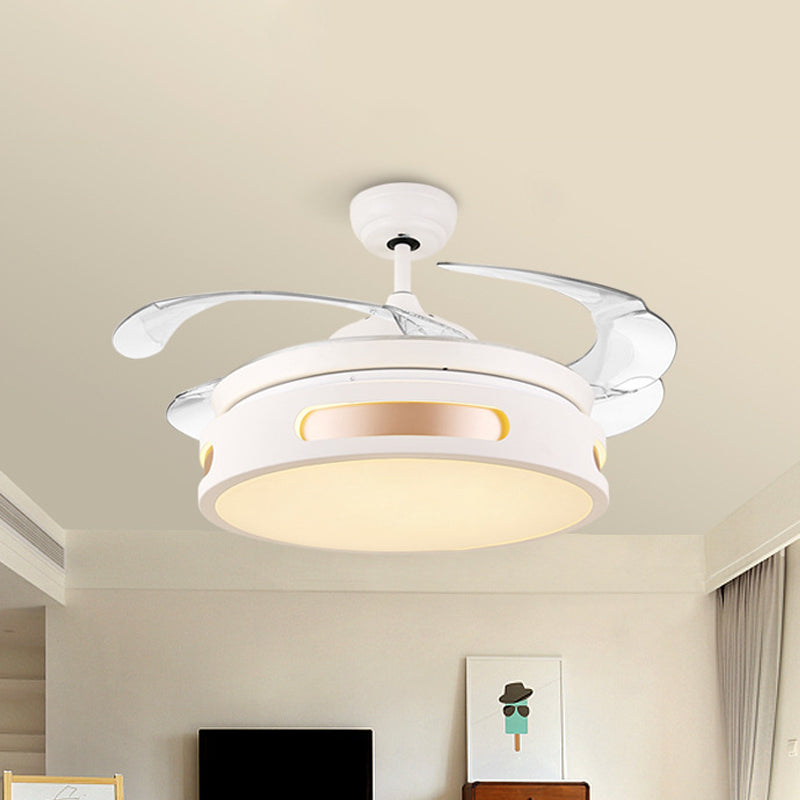 16" Wide Acrylic Drum Semi Flush Light Fixture Modernist LED White Ceiling Fan Lamp with 4 Blades Clearhalo 'Ceiling Fans with Lights' 'Ceiling Fans' 'Modern Ceiling Fans' 'Modern' Lighting' 1983189