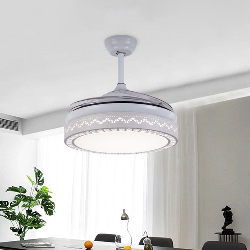 4-Blade Modernist LED Semi Flush Ceiling Light White Hollow-out Round Pendant Fan Lamp with Acrylic Shade, 19" Wide White Clearhalo 'Ceiling Fans with Lights' 'Ceiling Fans' 'Modern Ceiling Fans' 'Modern' Lighting' 1983193