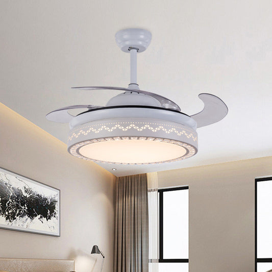 4-Blade Modernist LED Semi Flush Ceiling Light White Hollow-out Round Pendant Fan Lamp with Acrylic Shade, 19" Wide Clearhalo 'Ceiling Fans with Lights' 'Ceiling Fans' 'Modern Ceiling Fans' 'Modern' Lighting' 1983194