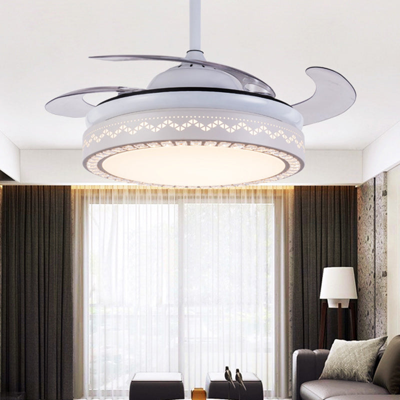 4-Blade Modernist LED Semi Flush Ceiling Light White Hollow-out Round Pendant Fan Lamp with Acrylic Shade, 19" Wide Clearhalo 'Ceiling Fans with Lights' 'Ceiling Fans' 'Modern Ceiling Fans' 'Modern' Lighting' 1983195