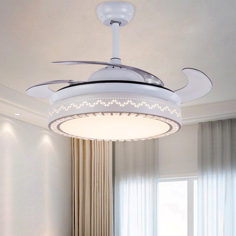4-Blade Modernist LED Semi Flush Ceiling Light White Hollow-out Round Pendant Fan Lamp with Acrylic Shade, 19" Wide Clearhalo 'Ceiling Fans with Lights' 'Ceiling Fans' 'Modern Ceiling Fans' 'Modern' Lighting' 1983196
