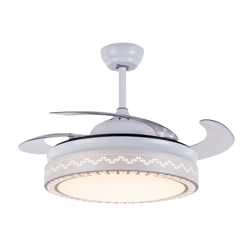 4-Blade Modernist LED Semi Flush Ceiling Light White Hollow-out Round Pendant Fan Lamp with Acrylic Shade, 19" Wide Clearhalo 'Ceiling Fans with Lights' 'Ceiling Fans' 'Modern Ceiling Fans' 'Modern' Lighting' 1983197