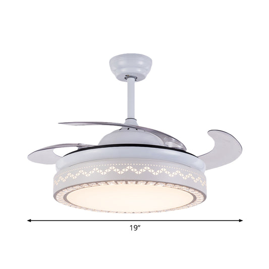 4-Blade Modernist LED Semi Flush Ceiling Light White Hollow-out Round Pendant Fan Lamp with Acrylic Shade, 19" Wide Clearhalo 'Ceiling Fans with Lights' 'Ceiling Fans' 'Modern Ceiling Fans' 'Modern' Lighting' 1983198
