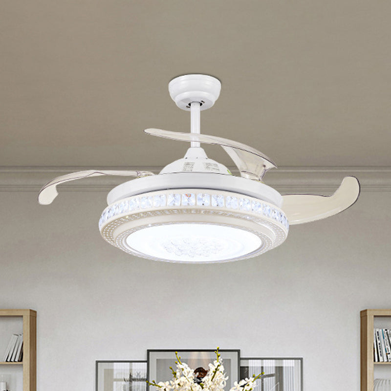 2-Tier Round Crystal Semi Mount Lighting Contemporary 16.5" Wide LED White Hanging Fan Lamp, 4 Blades Clearhalo 'Ceiling Fans with Lights' 'Ceiling Fans' 'Modern Ceiling Fans' 'Modern' Lighting' 1983216