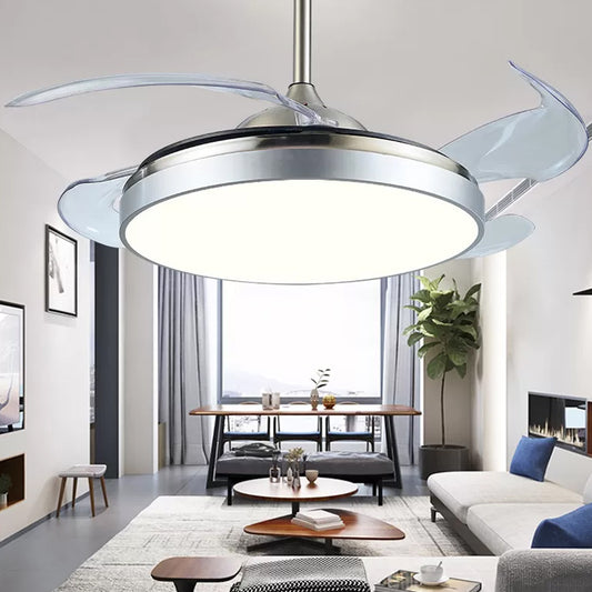 4 Blades Drum Acrylic Ceiling Fan Light Modern LED White Semi Flush Mount, 19" Wide White Clearhalo 'Ceiling Fans with Lights' 'Ceiling Fans' 'Modern Ceiling Fans' 'Modern' Lighting' 1983221