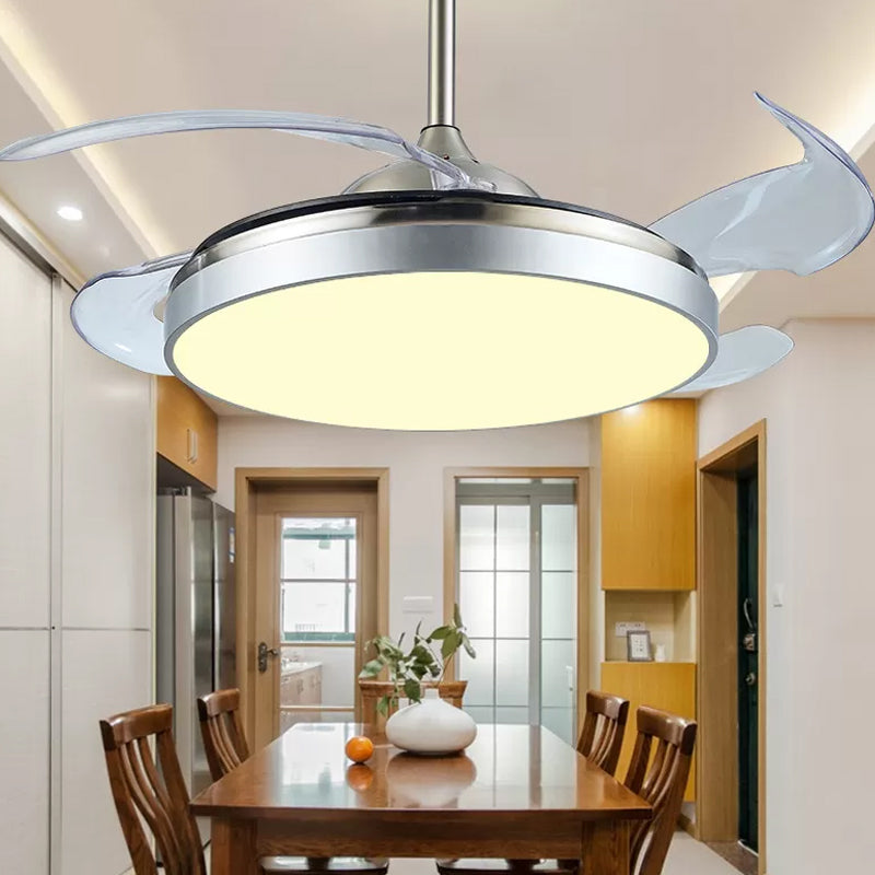 4 Blades Drum Acrylic Ceiling Fan Light Modern LED White Semi Flush Mount, 19" Wide Clearhalo 'Ceiling Fans with Lights' 'Ceiling Fans' 'Modern Ceiling Fans' 'Modern' Lighting' 1983222