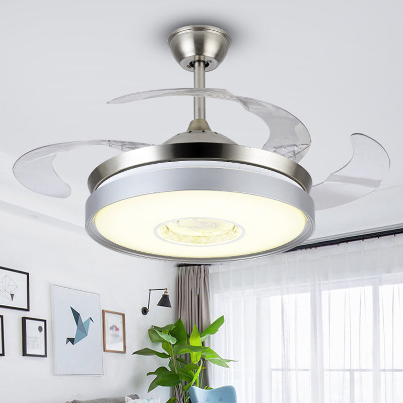 4-Blade Acrylic Drum Pendant Fan Light Contemporary 19" Wide LED Silver Semi Flush for Dining Room Silver Clearhalo 'Ceiling Fans with Lights' 'Ceiling Fans' 'Modern Ceiling Fans' 'Modern' Lighting' 1983226