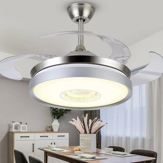 4-Blade Acrylic Drum Pendant Fan Light Contemporary 19" Wide LED Silver Semi Flush for Dining Room Clearhalo 'Ceiling Fans with Lights' 'Ceiling Fans' 'Modern Ceiling Fans' 'Modern' Lighting' 1983227
