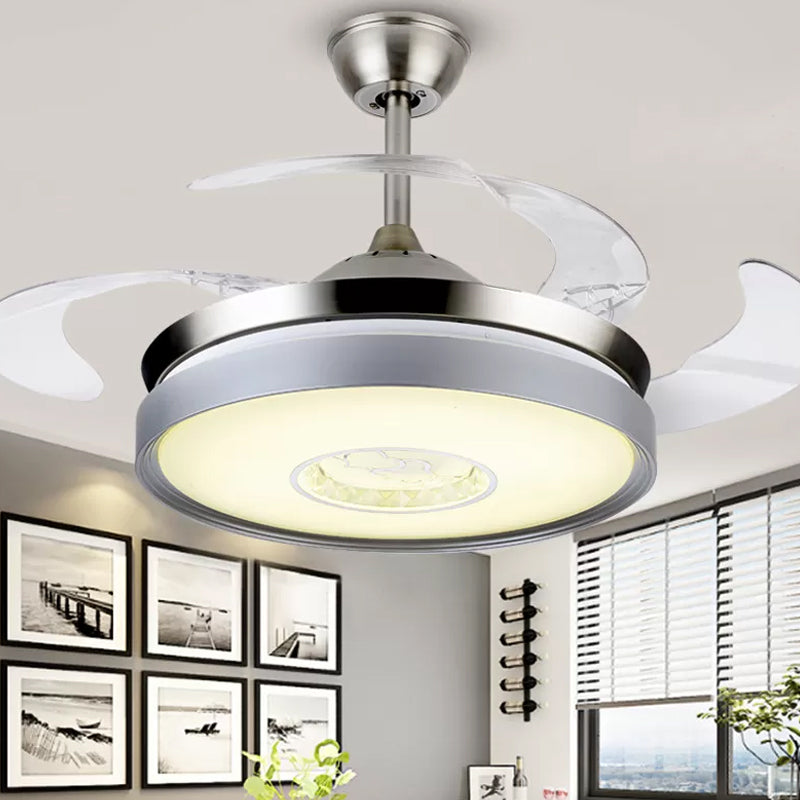4-Blade Acrylic Drum Pendant Fan Light Contemporary 19" Wide LED Silver Semi Flush for Dining Room Clearhalo 'Ceiling Fans with Lights' 'Ceiling Fans' 'Modern Ceiling Fans' 'Modern' Lighting' 1983228