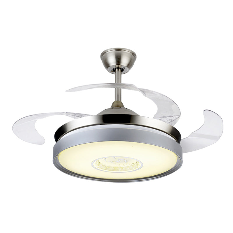 4-Blade Acrylic Drum Pendant Fan Light Contemporary 19" Wide LED Silver Semi Flush for Dining Room Clearhalo 'Ceiling Fans with Lights' 'Ceiling Fans' 'Modern Ceiling Fans' 'Modern' Lighting' 1983229