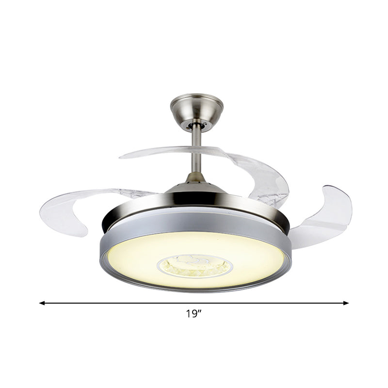 4-Blade Acrylic Drum Pendant Fan Light Contemporary 19" Wide LED Silver Semi Flush for Dining Room Clearhalo 'Ceiling Fans with Lights' 'Ceiling Fans' 'Modern Ceiling Fans' 'Modern' Lighting' 1983230