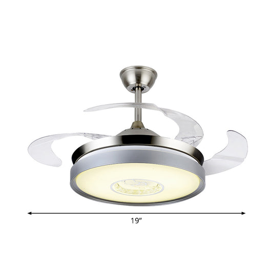 4-Blade Acrylic Drum Pendant Fan Light Contemporary 19" Wide LED Silver Semi Flush for Dining Room Clearhalo 'Ceiling Fans with Lights' 'Ceiling Fans' 'Modern Ceiling Fans' 'Modern' Lighting' 1983230