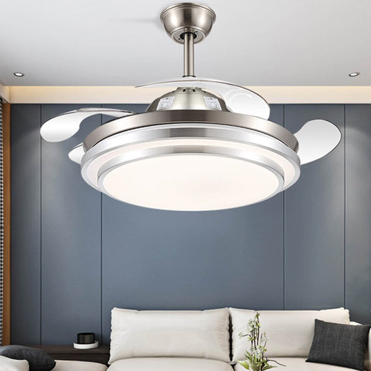 19" Wide 2-Tier Semi Flush Mount Simplicity Acrylic LED Silver Pendant Fan Light Fixture with 4 Blades Silver Clearhalo 'Ceiling Fans with Lights' 'Ceiling Fans' 'Modern Ceiling Fans' 'Modern' Lighting' 1983231