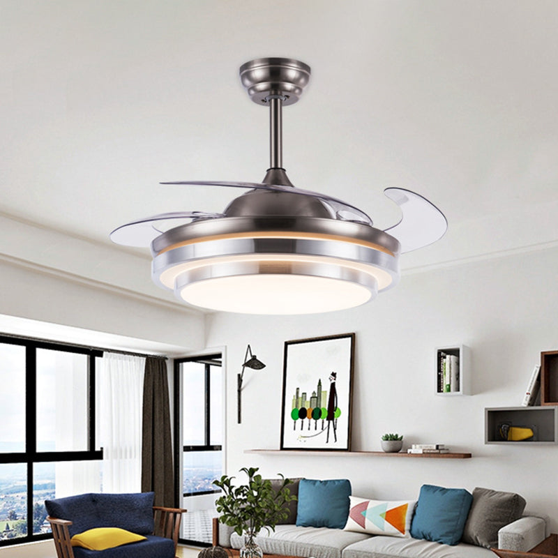 19" Wide 2-Tier Semi Flush Mount Simplicity Acrylic LED Silver Pendant Fan Light Fixture with 4 Blades Clearhalo 'Ceiling Fans with Lights' 'Ceiling Fans' 'Modern Ceiling Fans' 'Modern' Lighting' 1983233