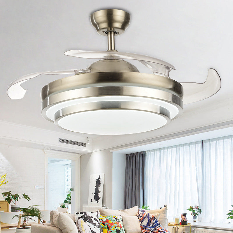 Modern LED Ceiling Fan Light Silver Layered Round 4-Blade Semi Flush with Acrylic Shade, 19" Wide Clearhalo 'Ceiling Fans with Lights' 'Ceiling Fans' 'Modern Ceiling Fans' 'Modern' Lighting' 1983243