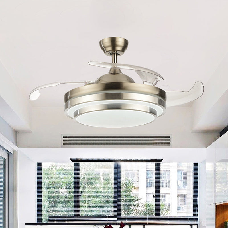 Modern LED Ceiling Fan Light Silver Layered Round 4-Blade Semi Flush with Acrylic Shade, 19" Wide Clearhalo 'Ceiling Fans with Lights' 'Ceiling Fans' 'Modern Ceiling Fans' 'Modern' Lighting' 1983244