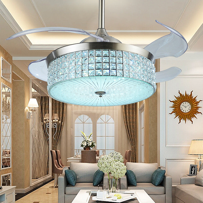 19" Wide Nordic Drum Pendant Fan Light Crystal Encrusted Living Room LED Semi Flush Mount in Silver with 4 Blades Silver Clearhalo 'Ceiling Fans with Lights' 'Ceiling Fans' 'Modern Ceiling Fans' 'Modern' Lighting' 1983254