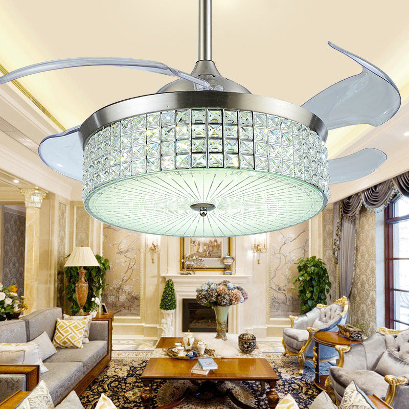 19" Wide Nordic Drum Pendant Fan Light Crystal Encrusted Living Room LED Semi Flush Mount in Silver with 4 Blades Clearhalo 'Ceiling Fans with Lights' 'Ceiling Fans' 'Modern Ceiling Fans' 'Modern' Lighting' 1983255