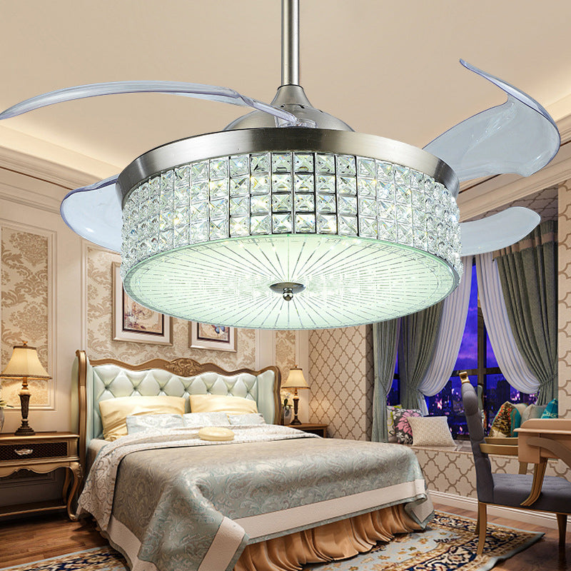 19" Wide Nordic Drum Pendant Fan Light Crystal Encrusted Living Room LED Semi Flush Mount in Silver with 4 Blades Clearhalo 'Ceiling Fans with Lights' 'Ceiling Fans' 'Modern Ceiling Fans' 'Modern' Lighting' 1983256