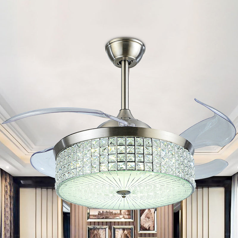 19" Wide Nordic Drum Pendant Fan Light Crystal Encrusted Living Room LED Semi Flush Mount in Silver with 4 Blades Clearhalo 'Ceiling Fans with Lights' 'Ceiling Fans' 'Modern Ceiling Fans' 'Modern' Lighting' 1983257