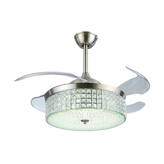 19" Wide Nordic Drum Pendant Fan Light Crystal Encrusted Living Room LED Semi Flush Mount in Silver with 4 Blades Clearhalo 'Ceiling Fans with Lights' 'Ceiling Fans' 'Modern Ceiling Fans' 'Modern' Lighting' 1983258