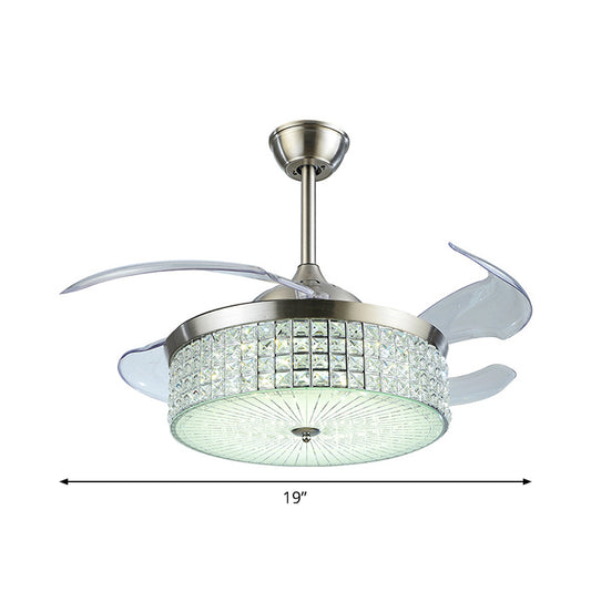 19" Wide Nordic Drum Pendant Fan Light Crystal Encrusted Living Room LED Semi Flush Mount in Silver with 4 Blades Clearhalo 'Ceiling Fans with Lights' 'Ceiling Fans' 'Modern Ceiling Fans' 'Modern' Lighting' 1983259