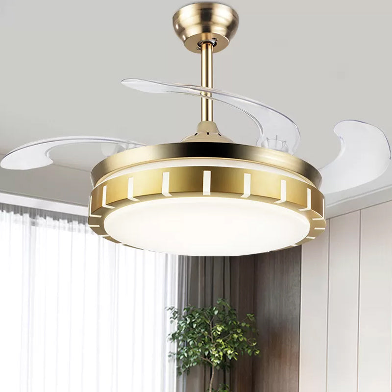19" Wide Round Shade Hanging Fan Light Acrylic LED Bedroom Semi Flush with 4 Blades Gold Clearhalo 'Ceiling Fans with Lights' 'Ceiling Fans' 'Modern Ceiling Fans' 'Modern' Lighting' 1983266