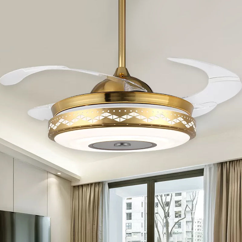 Metal Drum 4 Blades Pendant Fan Lamp Modernism LED Semi Flush Mount Light Fixture, 19" Wide Gold Clearhalo 'Ceiling Fans with Lights' 'Ceiling Fans' 'Modern Ceiling Fans' 'Modern' Lighting' 1983288