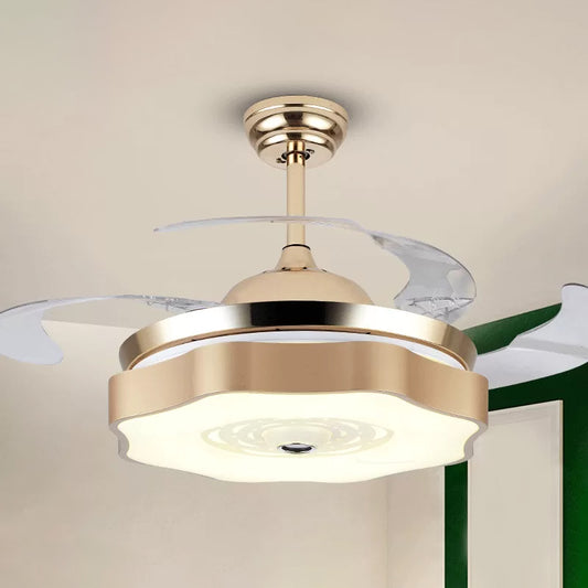 4-Blade LED Bedroom Pendant Fan Light Modern Gold Semi Mount Lighting with Petal Acrylic Shade, 19" Wide Clearhalo 'Ceiling Fans with Lights' 'Ceiling Fans' 'Modern Ceiling Fans' 'Modern' Lighting' 1983299
