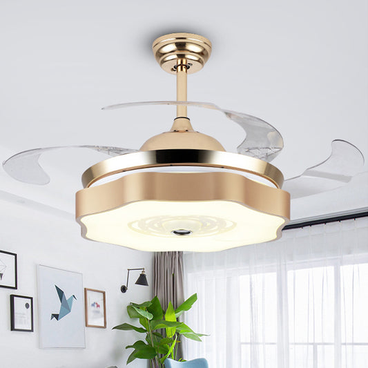 4-Blade LED Bedroom Pendant Fan Light Modern Gold Semi Mount Lighting with Petal Acrylic Shade, 19" Wide Clearhalo 'Ceiling Fans with Lights' 'Ceiling Fans' 'Modern Ceiling Fans' 'Modern' Lighting' 1983300