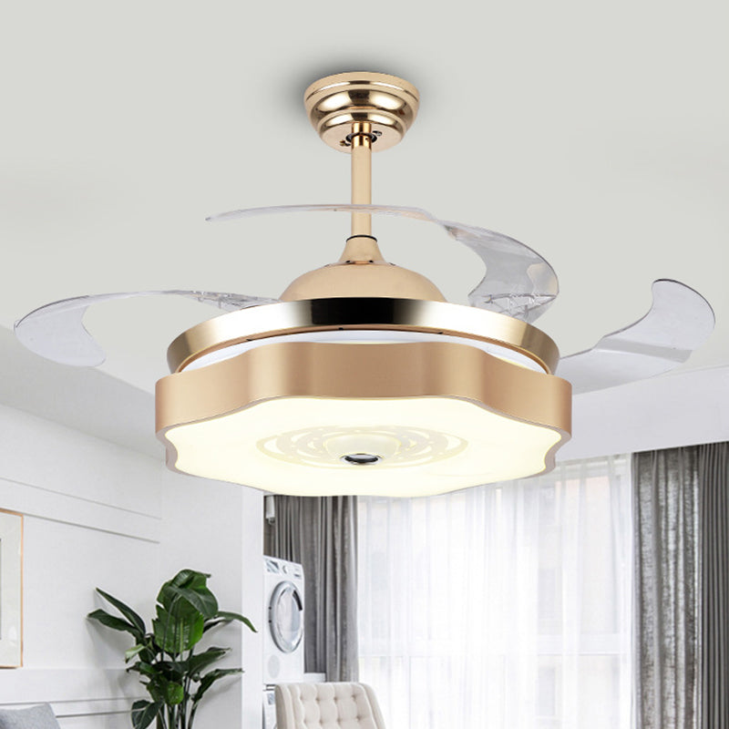 4-Blade LED Bedroom Pendant Fan Light Modern Gold Semi Mount Lighting with Petal Acrylic Shade, 19" Wide Clearhalo 'Ceiling Fans with Lights' 'Ceiling Fans' 'Modern Ceiling Fans' 'Modern' Lighting' 1983301