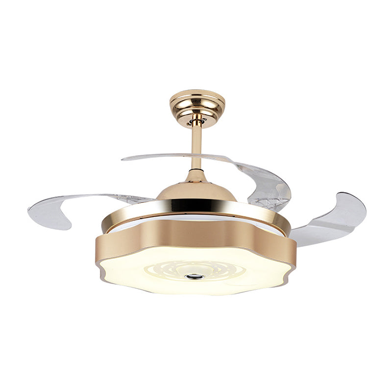 4-Blade LED Bedroom Pendant Fan Light Modern Gold Semi Mount Lighting with Petal Acrylic Shade, 19" Wide Clearhalo 'Ceiling Fans with Lights' 'Ceiling Fans' 'Modern Ceiling Fans' 'Modern' Lighting' 1983302