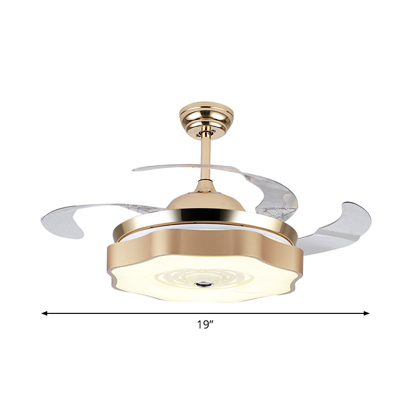 4-Blade LED Bedroom Pendant Fan Light Modern Gold Semi Mount Lighting with Petal Acrylic Shade, 19" Wide Clearhalo 'Ceiling Fans with Lights' 'Ceiling Fans' 'Modern Ceiling Fans' 'Modern' Lighting' 1983303