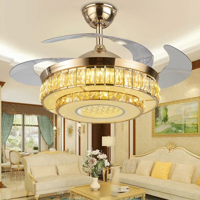 2-Tier Circle Beveled Crystal Semi Flush Modern 19" Wide LED Gold Hanging Fan Lamp Fixture, 4-Blade Gold Clearhalo 'Ceiling Fans with Lights' 'Ceiling Fans' 'Modern Ceiling Fans' 'Modern' Lighting' 1983304