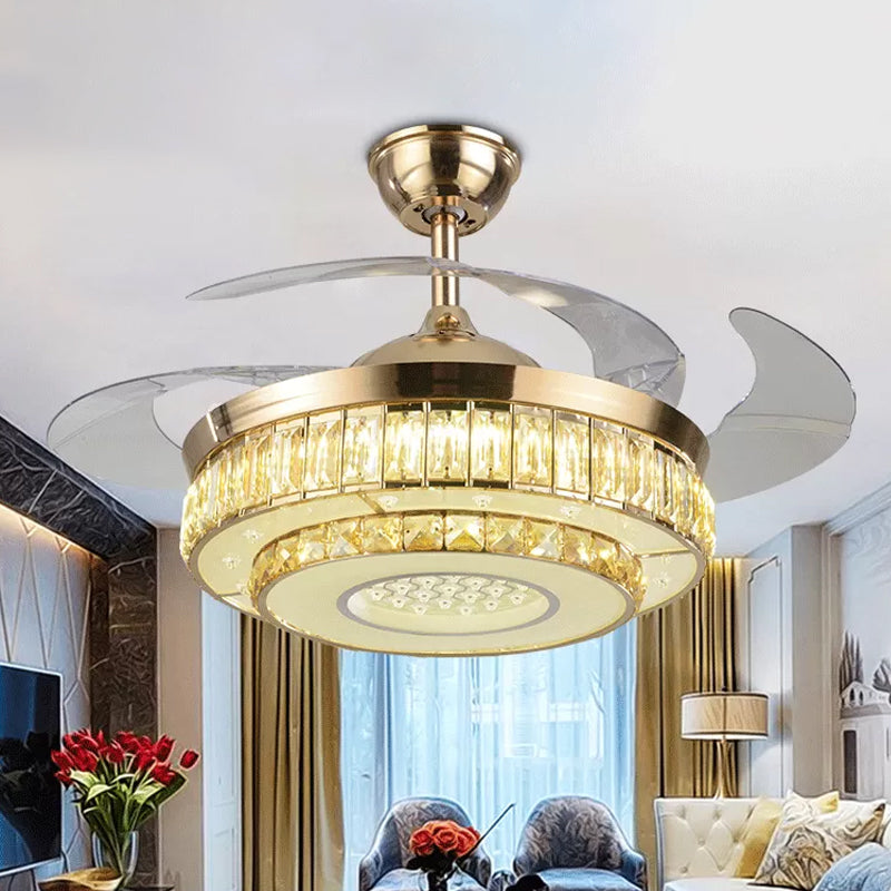 2-Tier Circle Beveled Crystal Semi Flush Modern 19" Wide LED Gold Hanging Fan Lamp Fixture, 4-Blade Clearhalo 'Ceiling Fans with Lights' 'Ceiling Fans' 'Modern Ceiling Fans' 'Modern' Lighting' 1983305
