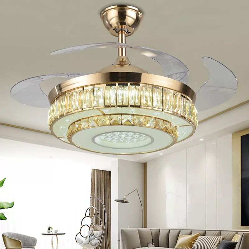 2-Tier Circle Beveled Crystal Semi Flush Modern 19" Wide LED Gold Hanging Fan Lamp Fixture, 4-Blade Clearhalo 'Ceiling Fans with Lights' 'Ceiling Fans' 'Modern Ceiling Fans' 'Modern' Lighting' 1983307