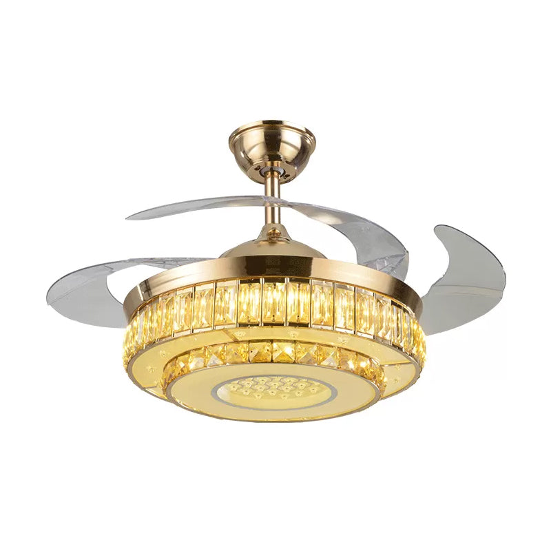 2-Tier Circle Beveled Crystal Semi Flush Modern 19" Wide LED Gold Hanging Fan Lamp Fixture, 4-Blade Clearhalo 'Ceiling Fans with Lights' 'Ceiling Fans' 'Modern Ceiling Fans' 'Modern' Lighting' 1983308