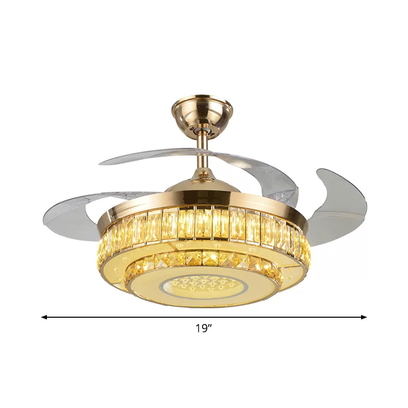 2-Tier Circle Beveled Crystal Semi Flush Modern 19" Wide LED Gold Hanging Fan Lamp Fixture, 4-Blade Clearhalo 'Ceiling Fans with Lights' 'Ceiling Fans' 'Modern Ceiling Fans' 'Modern' Lighting' 1983309
