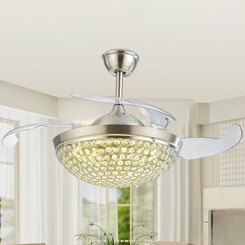 Modernism 19" Wide LED Semi Flush Ceiling Light Silver Bowl 4 Blades Pendant Fan Lamp Fixture with Crystal Embedded Shade Silver Clearhalo 'Ceiling Fans with Lights' 'Ceiling Fans' 'Modern Ceiling Fans' 'Modern' Lighting' 1983310