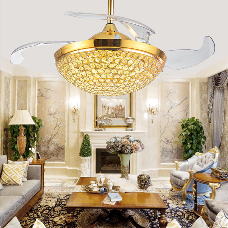 Modernism 19" Wide LED Semi Flush Ceiling Light Silver Bowl 4 Blades Pendant Fan Lamp Fixture with Crystal Embedded Shade Clearhalo 'Ceiling Fans with Lights' 'Ceiling Fans' 'Modern Ceiling Fans' 'Modern' Lighting' 1983311