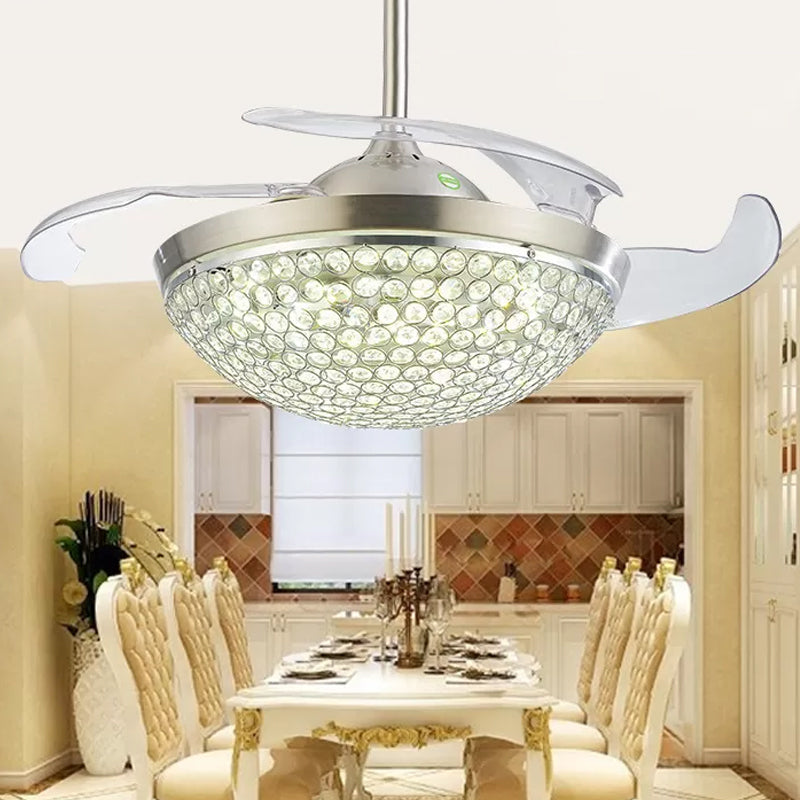 Modernism 19" Wide LED Semi Flush Ceiling Light Silver Bowl 4 Blades Pendant Fan Lamp Fixture with Crystal Embedded Shade Clearhalo 'Ceiling Fans with Lights' 'Ceiling Fans' 'Modern Ceiling Fans' 'Modern' Lighting' 1983312