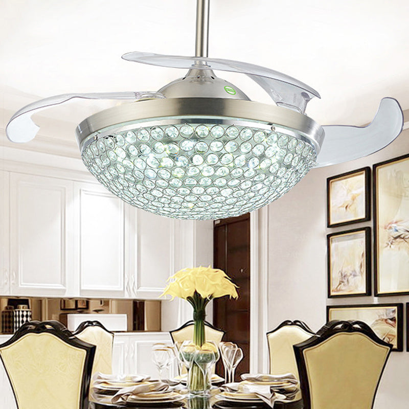 Modernism 19" Wide LED Semi Flush Ceiling Light Silver Bowl 4 Blades Pendant Fan Lamp Fixture with Crystal Embedded Shade Clearhalo 'Ceiling Fans with Lights' 'Ceiling Fans' 'Modern Ceiling Fans' 'Modern' Lighting' 1983313